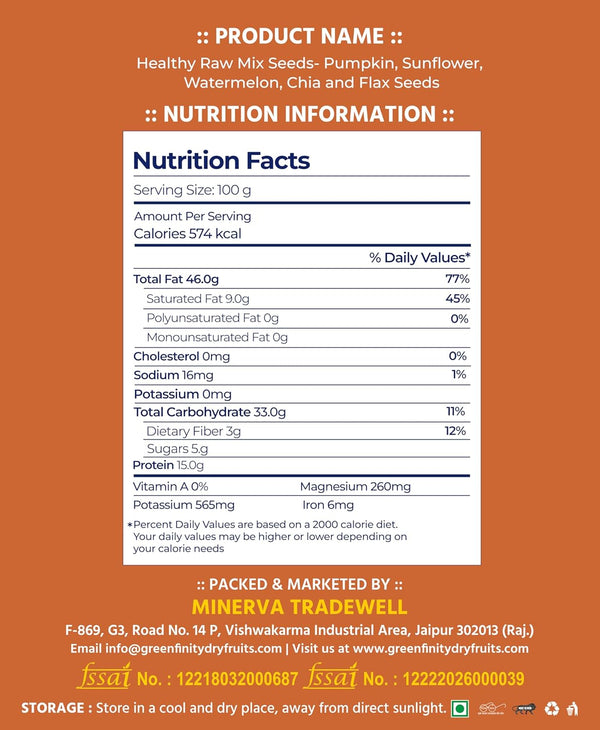 GreenFinity Healthy Raw Mix Seeds- Pumpkin, Sunflower, Watermelon, Chia Flax Seeds (250g)