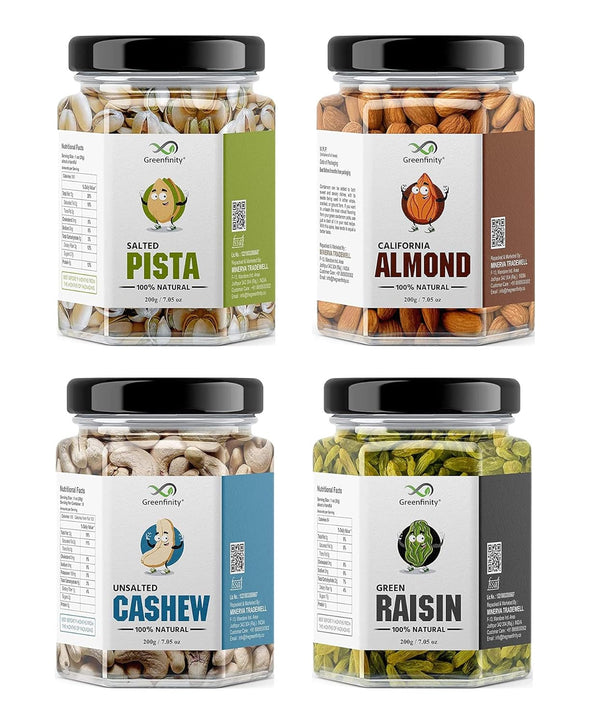 GreenFinity Premium Dry Fruits Combo Pack | Almonds, Cashews, Pistachios & Green Raisins | 200g Each | Healthy Snacks & Corporate Gifting