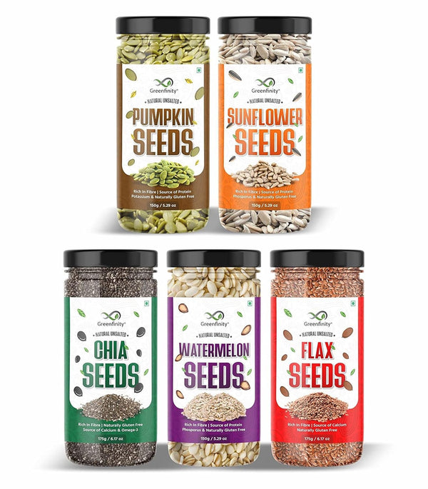 GreenFinity Healthy Seeds Combo- Pumpkin, Sunflower, Watermelon (150g), Chia and Flax Seeds 175g (Pack of 5)