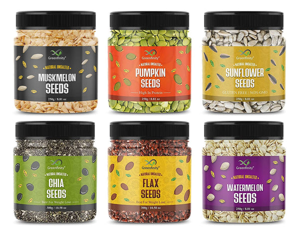 GreenFinity Healthy Seeds Combo- Muskmelon, Pumpkin, Sunflower, Watermelon - 250g, Chia and Flax Seeds - 300g (Pack of 6)