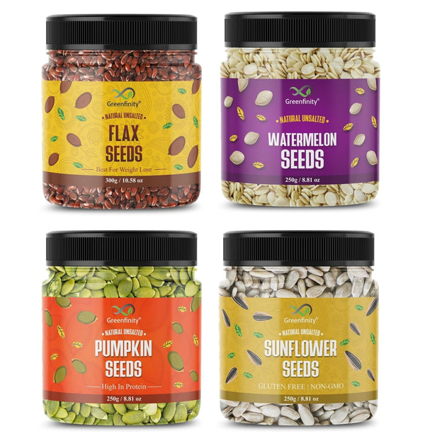 GreenFinity Natural Raw Seeds Combo Pack of Pumpkin, Sunflower, Flax, Watermelon 250g , (1kg)