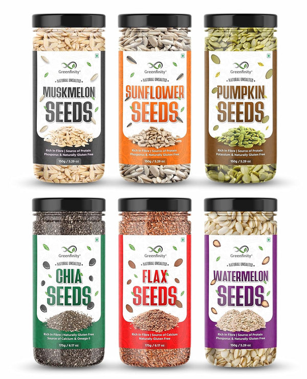 GreenFinity 950 gram Raw Seed Combo Nutrient-Packed Chia, Flax, Pumpkin, Sunflower, Watermelon & Muskmelon (Pack of 6)